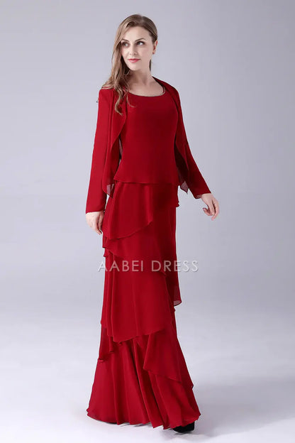 AABEI DRESS Wedding Guests Dresses Mom's Formal Dress A-Line Scoop Neck Chiffon Layering Ruched With Jacket Two-Piece Set Beadwork Elegant Long Mother of the Bride Dress
