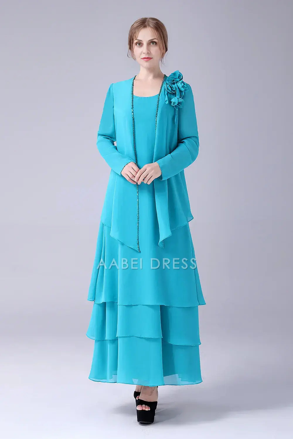 AABEI DRESS Wedding Guests Dresses Mom's Formal Dress A-Line Scoop Neck With Long Sleeves Jacket Two-Piece Set Chiffon Layering Ruched Elegant Long Mother of the Bride Dress
