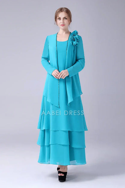AABEI DRESS Wedding Guests Dresses Mom's Formal Dress A-Line Scoop Neck With Long Sleeves Jacket Two-Piece Set Chiffon Layering Ruched Elegant Long Mother of the Bride Dress