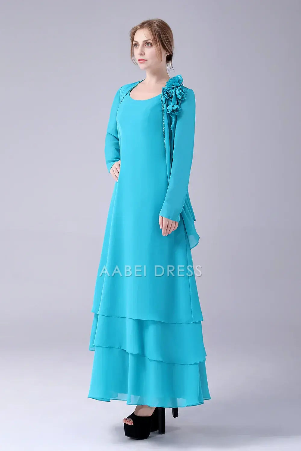 AABEI DRESS Wedding Guests Dresses Mom's Formal Dress A-Line Scoop Neck With Long Sleeves Jacket Two-Piece Set Chiffon Layering Ruched Elegant Long Mother of the Bride Dress