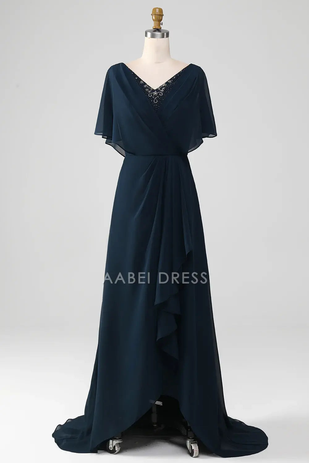 AABEI DRESS Wedding Guests Dresses Mom's Formal Dress A-Line V-Neck Beading Flutter Sleeves Asymmetrical Ruched Chic Mother of the Bride Dress