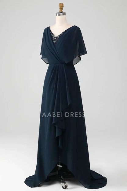 AABEI DRESS Wedding Guests Dresses Mom's Formal Dress A-Line V-Neck Beading Flutter Sleeves Asymmetrical Ruched Chic Mother of the Bride Dress