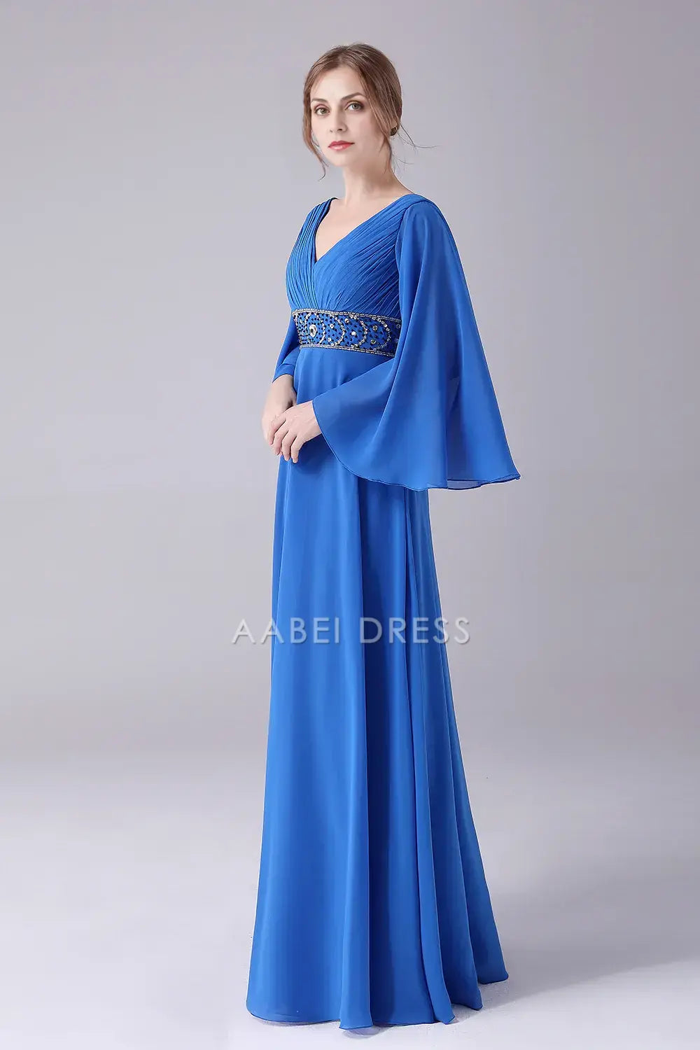 AABEI DRESS Wedding Guests Dresses Mom's Formal Dress A-Line V-Neck Flutter Long Sleeves Flare Sleeve Pleated With Beading V Back Gorgeous Long Mother of the Bride Dress