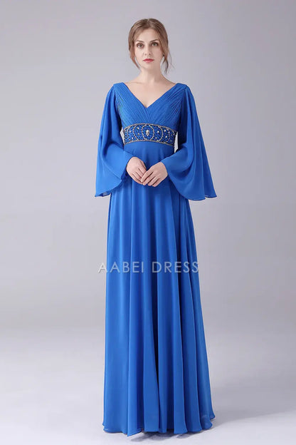 AABEI DRESS Wedding Guests Dresses Mom's Formal Dress A-Line V-Neck Flutter Long Sleeves Flare Sleeve Pleated With Beading V Back Gorgeous Long Mother of the Bride Dress