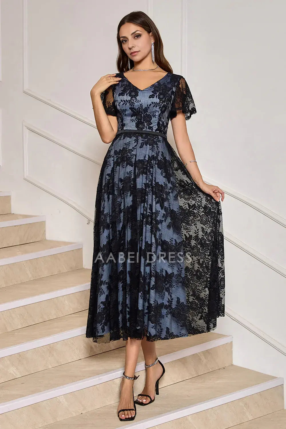 AABEI DRESS Wedding Guests Dresses Mom's Formal Dress A-Line V-Neck Short Sleeves Tea-Length Retro Lace Exquisite Mother of the Bride Dress