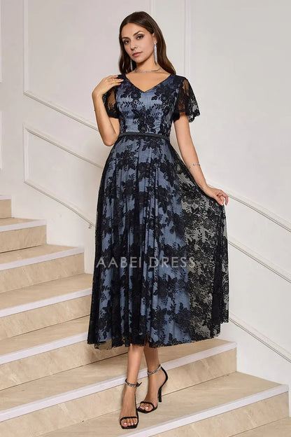 AABEI DRESS Wedding Guests Dresses Mom's Formal Dress A-Line V-Neck Short Sleeves Tea-Length Retro Lace Exquisite Mother of the Bride Dress