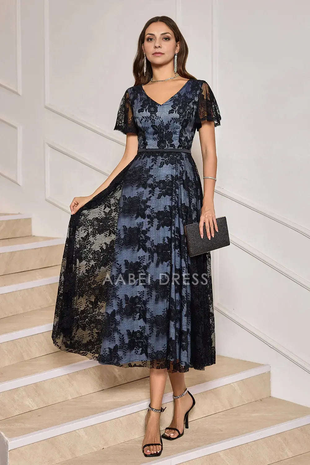 AABEI DRESS Wedding Guests Dresses Mom's Formal Dress A-Line V-Neck Short Sleeves Tea-Length Retro Lace Exquisite Mother of the Bride Dress