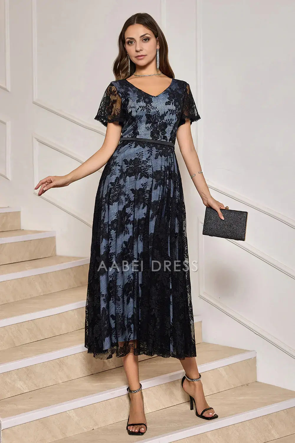 AABEI DRESS Wedding Guests Dresses Mom's Formal Dress A-Line V-Neck Short Sleeves Tea-Length Retro Lace Exquisite Mother of the Bride Dress
