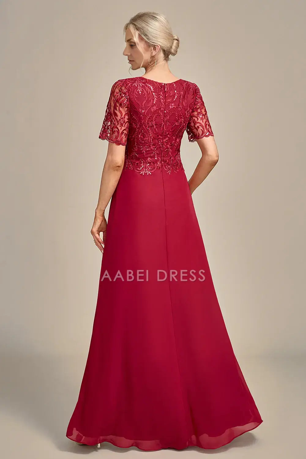 AABEI DRESS Wedding Guests Dresses Mom's Formal Dress A Line Round Neck Short Sleeve Sequin Appliques Elegant Mother of the Bride Dress
