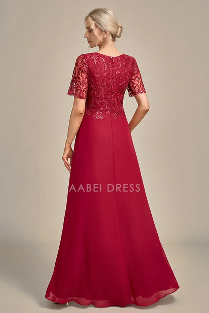AABEI DRESS Wedding Guests Dresses Mom's Formal Dress A Line Round Neck Short Sleeve Sequin Appliques Elegant Mother of the Bride Dress