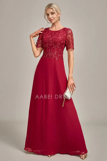 AABEI DRESS Wedding Guests Dresses Mom's Formal Dress A Line Round Neck Short Sleeve Sequin Appliques Elegant Mother of the Bride Dress