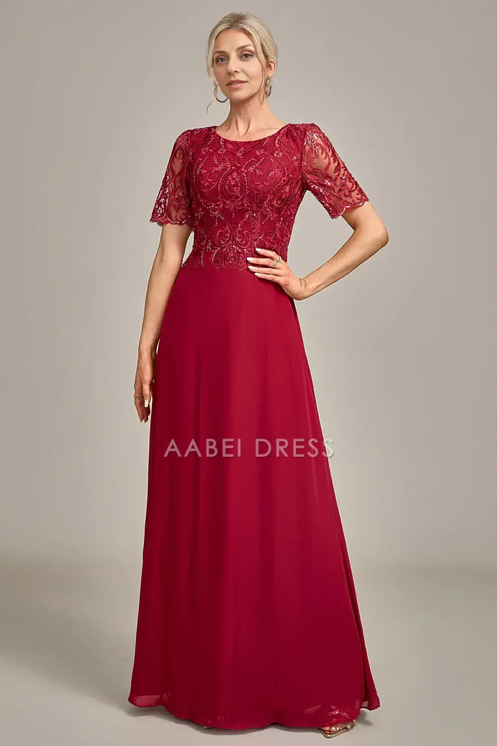 AABEI DRESS Wedding Guests Dresses Mom's Formal Dress A Line Round Neck Short Sleeve Sequin Appliques Elegant Mother of the Bride Dress