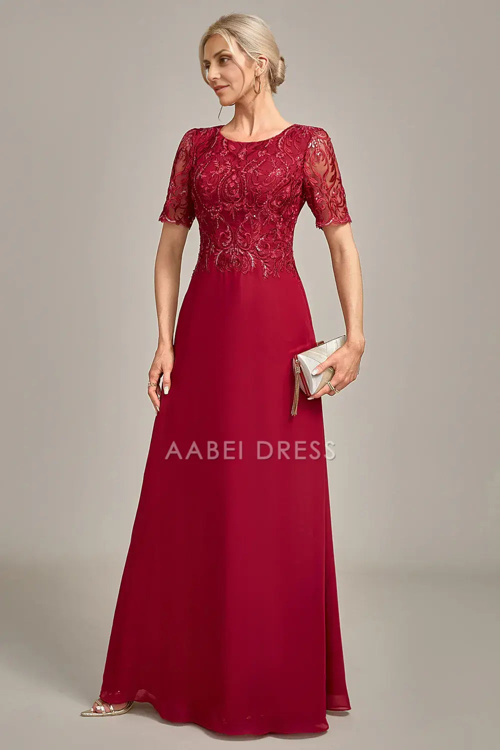 AABEI DRESS Wedding Guests Dresses Mom's Formal Dress A Line Round Neck Short Sleeve Sequin Appliques Elegant Mother of the Bride Dress