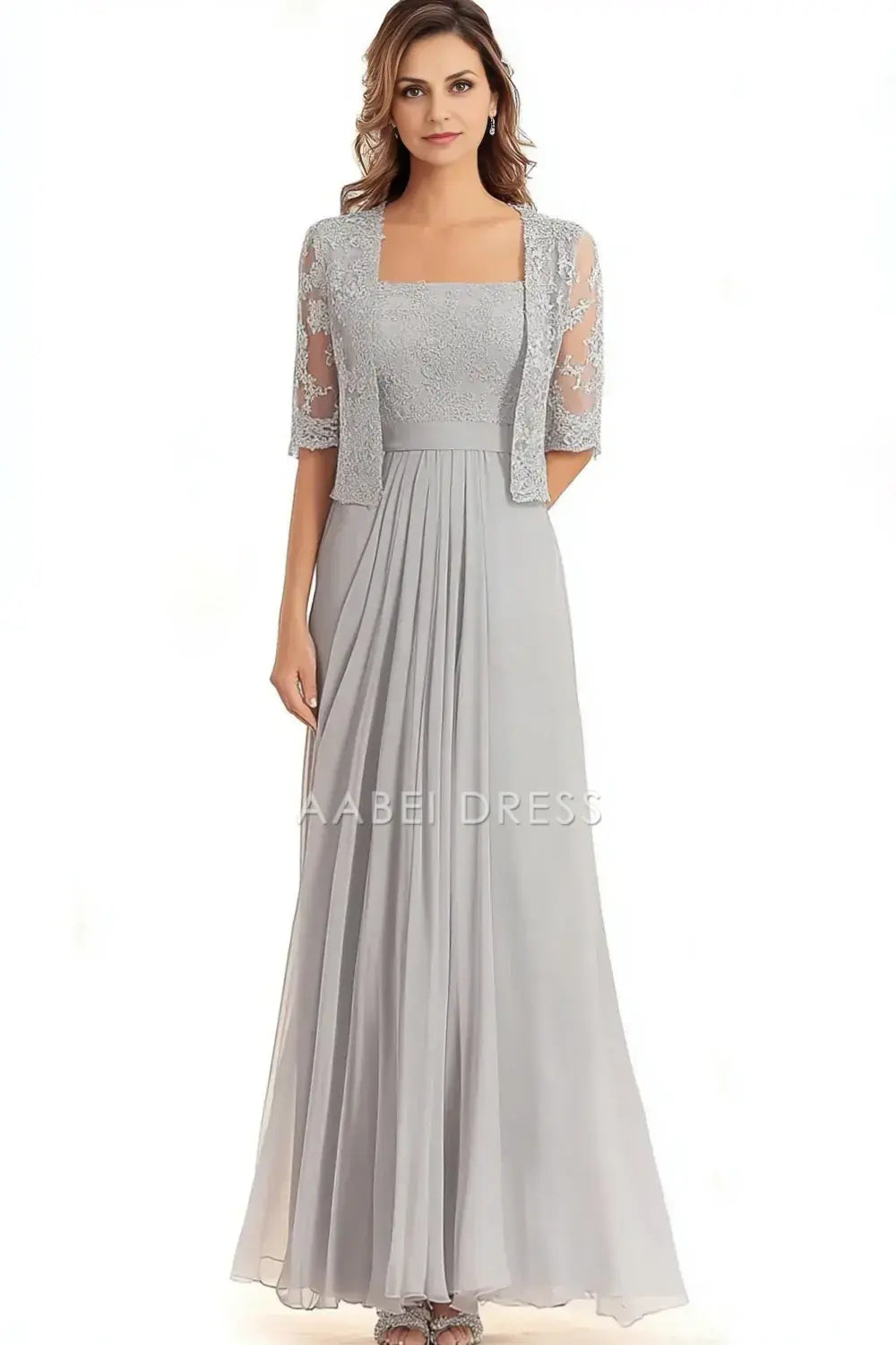 AABEI DRESS Wedding Guests Dresses Mom's Formal Dress A Line Square Neck 2-piece Half Sleeves Lace Appliques Ruched Elegant Mother of the Bride Dress