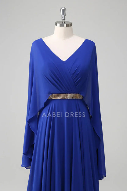 AABEI DRESS Wedding Guests Dresses Mom's Formal Dress A Line V-Neck Pleated Chiffon V Back Flutter Sleeves with Rhinestone Belt Elegant Long Mother of the Bride Dress