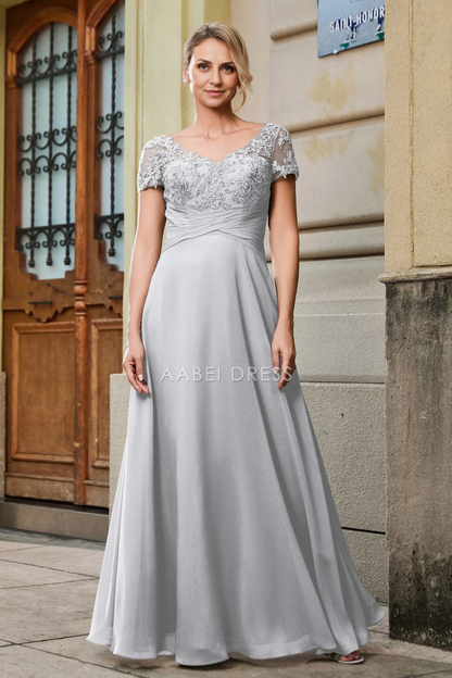 AABEI DRESS Wedding Guests Dresses Mom's Formal Dress A Line V-neck Short Sleeves Lace Applique Chiffon Pleated Empire Waist V Back Elegant Mother of the Bride Dress