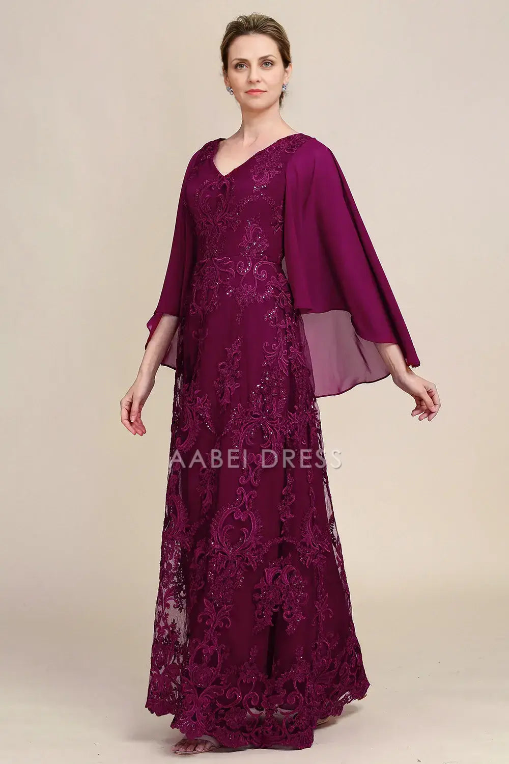 AABEI DRESS Wedding Guests Dresses Mom's Formal Dress A Line V Neck Flutter Batwing Sleeves Beaded Lace Applique Gorgeous Long Mother of the Bride Dress