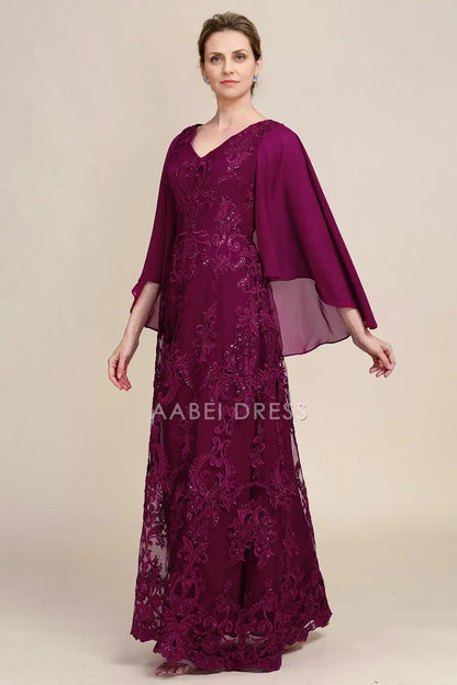 AABEI DRESS Wedding Guests Dresses Mom's Formal Dress A Line V Neck Flutter Batwing Sleeves Beaded Lace Applique Gorgeous Long Mother of the Bride Dress