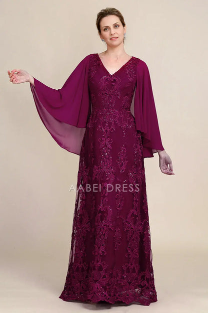 AABEI DRESS Wedding Guests Dresses Mom's Formal Dress A Line V Neck Flutter Batwing Sleeves Beaded Lace Applique Gorgeous Long Mother of the Bride Dress