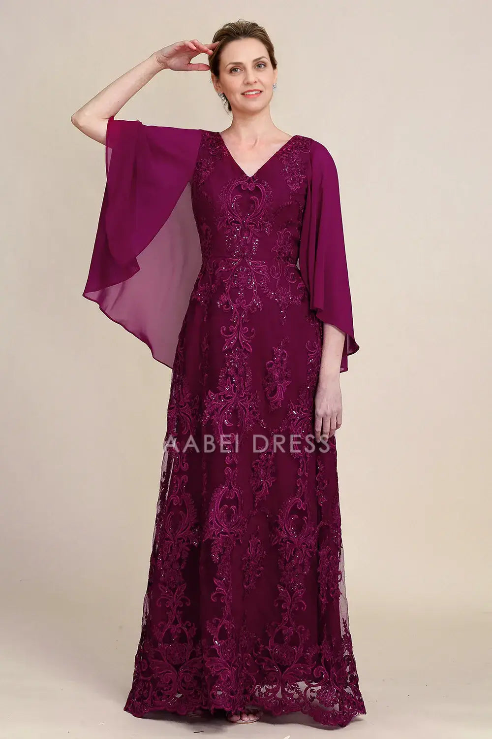 AABEI DRESS Wedding Guests Dresses Mom's Formal Dress A Line V Neck Flutter Batwing Sleeves Beaded Lace Applique Gorgeous Long Mother of the Bride Dress