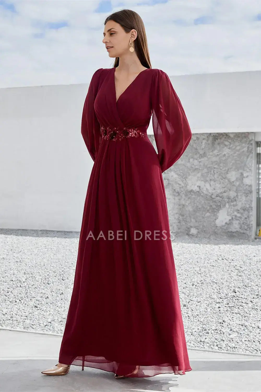 AABEI DRESS Wedding Guests Dresses Mom's Formal Dress A Line V Neck Long Sleeves Pleated Waist With Sequin Applique Elegant Mother of the Bride Dress