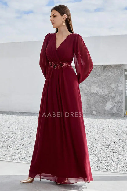 AABEI DRESS Wedding Guests Dresses Mom's Formal Dress A Line V Neck Long Sleeves Pleated Waist With Sequin Applique Elegant Mother of the Bride Dress