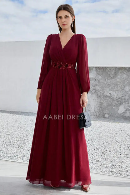 AABEI DRESS Wedding Guests Dresses Mom's Formal Dress A Line V Neck Long Sleeves Pleated Waist With Sequin Applique Elegant Mother of the Bride Dress