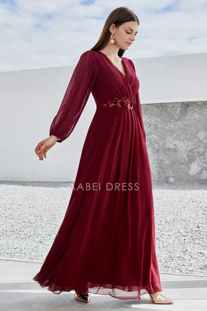 AABEI DRESS Wedding Guests Dresses Mom's Formal Dress A Line V Neck Long Sleeves Pleated Waist With Sequin Applique Elegant Mother of the Bride Dress
