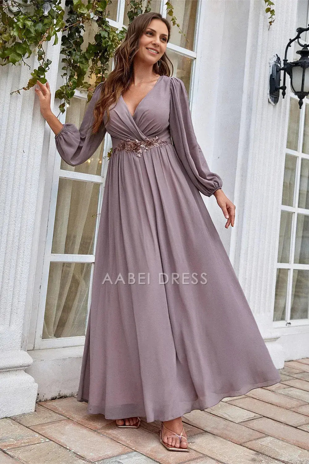 AABEI DRESS Wedding Guests Dresses Mom's Formal Dress A Line V Neck Long Sleeves Pleated Waist With Sequin Applique Fashion Retro Mother of the Bride Dress
