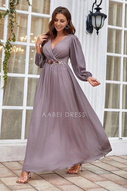 AABEI DRESS Wedding Guests Dresses Mom's Formal Dress A Line V Neck Long Sleeves Pleated Waist With Sequin Applique Fashion Retro Mother of the Bride Dress