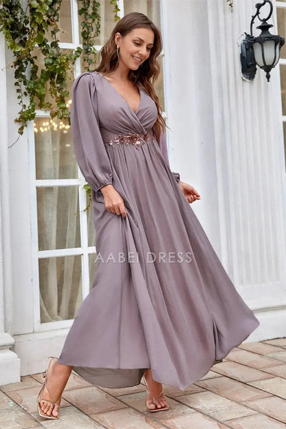 AABEI DRESS Wedding Guests Dresses Mom's Formal Dress A Line V Neck Long Sleeves Pleated Waist With Sequin Applique Fashion Retro Mother of the Bride Dress