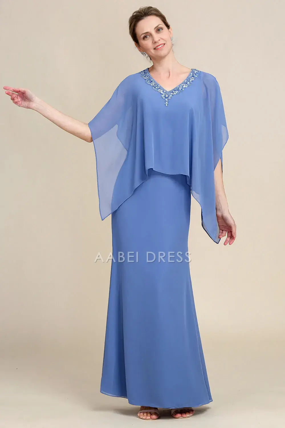 AABEI DRESS Wedding Guests Dresses Mom's Formal Dress A Line V Neck Sparkly Beaded Flutter Batwing Sleeves Exquisite Mother of the Bride Dress