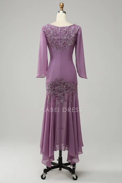 AABEI DRESS Wedding Guests Dresses Mom's Formal Dress Chiffon Mermaid V Neck Long Sleeves Lace Applique Charming Retro Mother of the Bride Dress