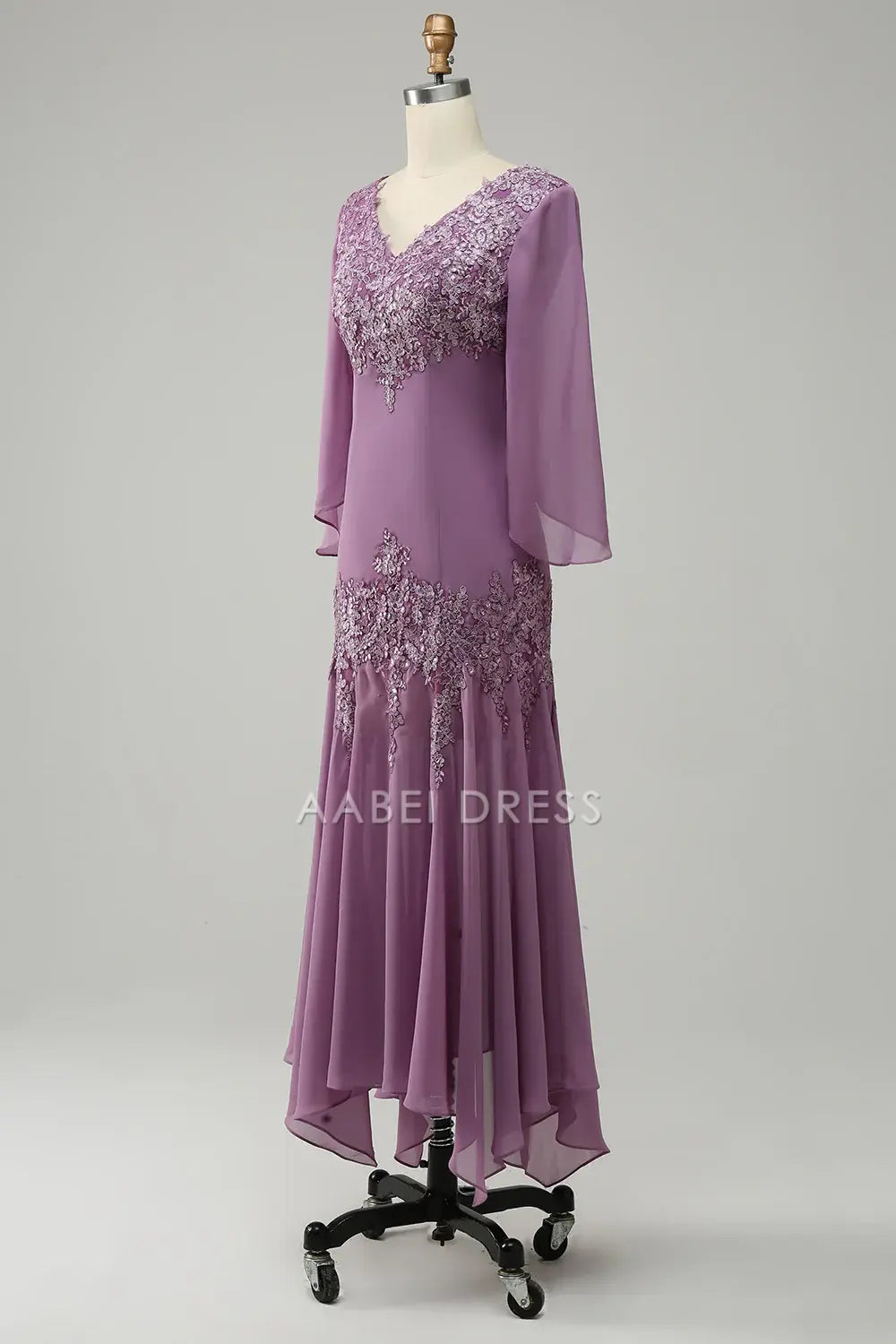 AABEI DRESS Wedding Guests Dresses Mom's Formal Dress Chiffon Mermaid V Neck Long Sleeves Lace Applique Charming Retro Mother of the Bride Dress