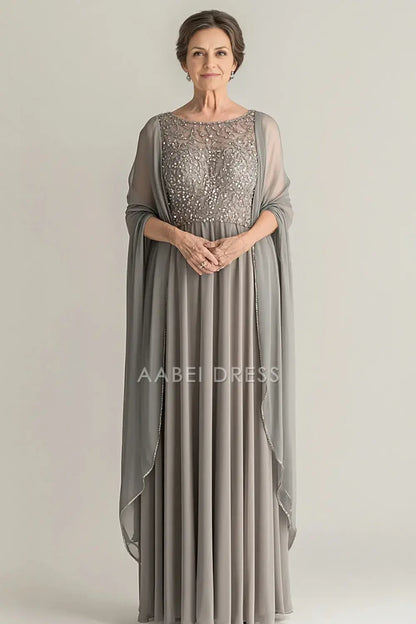 AABEI DRESS Wedding Guests Dresses Mom's Formal Dress Elegant A-Line Boat Collar Chiffon Lace Appliques Elegant Long Mother of the Bride Dress