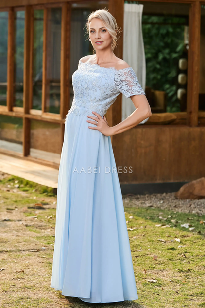 AABEI DRESS Wedding Guests Dresses Mom's Formal Dress Elegant A-Line Off Shoulder Short Sleeves Lace Applique Top Ruched Chiffon Dress Exquisite Mother of the Bride Dress