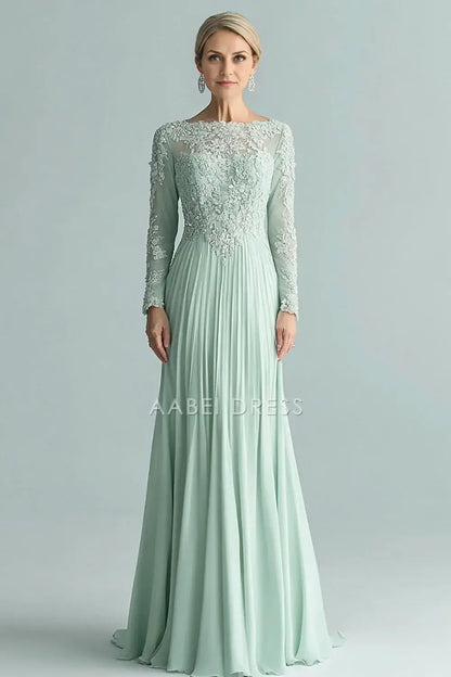 AABEI DRESS Wedding Guests Dresses Mom's Formal Dress Elegant A Line Boat Collar Long Sleeves Pleated Dress With Lace Appliques Fashion Long Mother of the Bride Dress