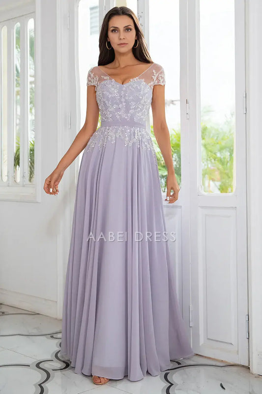 AABEI DRESS Wedding Guests Dresses Mom's Formal Dress Elegant A Line V Neck Cap Sleeve Beadwork Gorgeous Mother of the Bride Dress