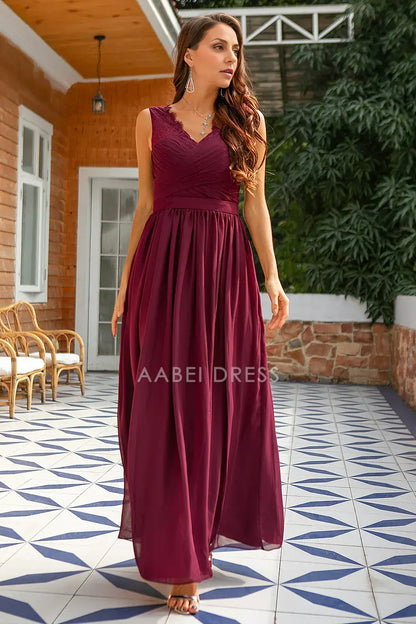 AABEI DRESS Wedding Guests Dresses Mom's Formal Dress Elegant A Line V Neck Pleated Sleeveless Lace Simple Mother of the Bride Dress