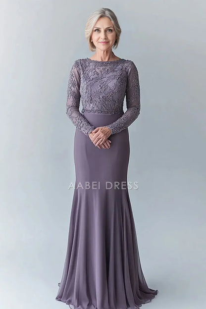 AABEI DRESS Wedding Guests Dresses Mom's Formal Dress Elegant Bodycon Mermaid Boat Collar Long Sleeves With Lace Appliques Exquisite Long Mother of the Bride Dress