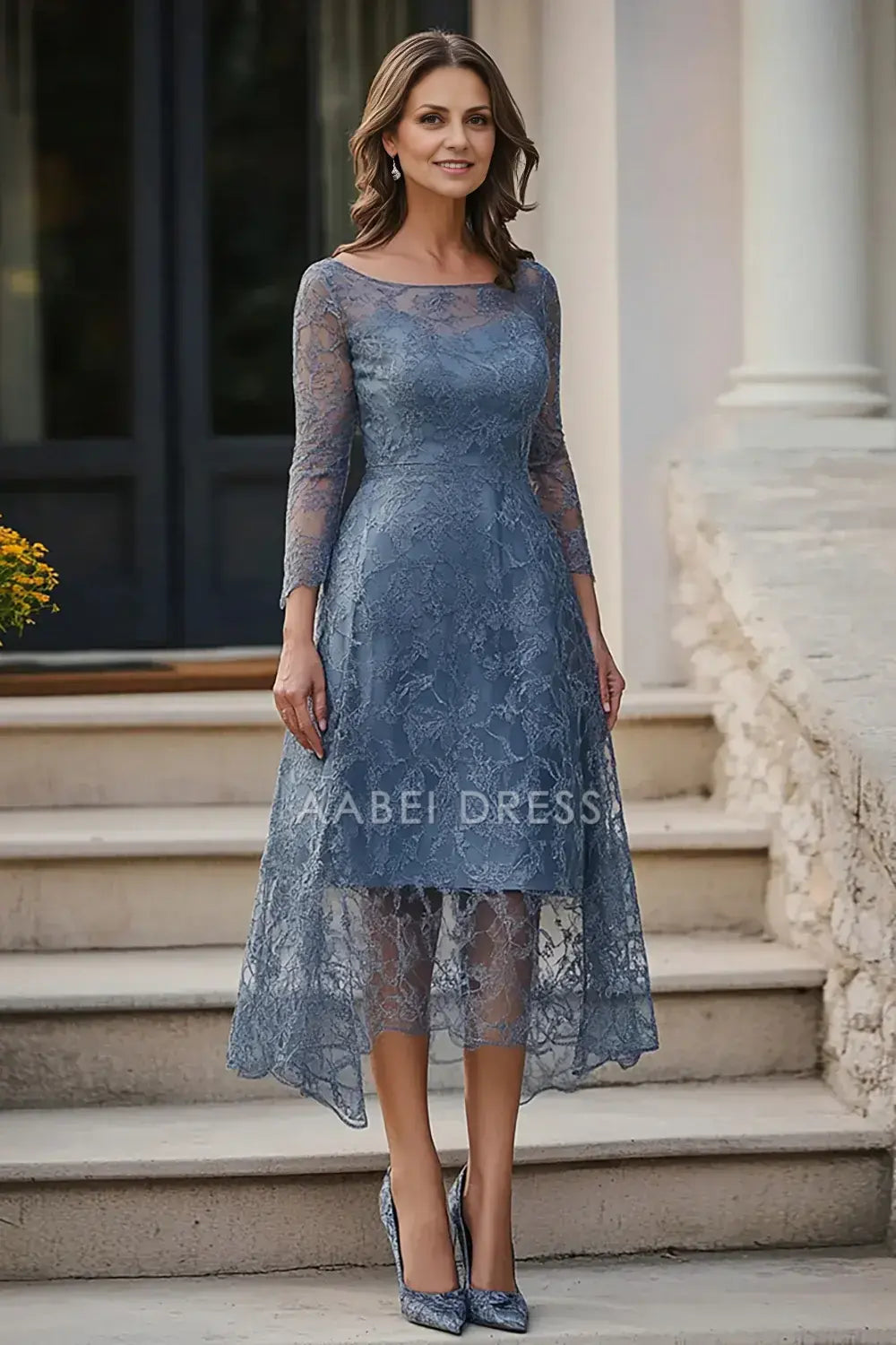 AABEI DRESS Wedding Guests Dresses Mom's Formal Dress Exquisite Lace A-Line Boat Collar Long Sleeves Retro Mother of the Bride Dress