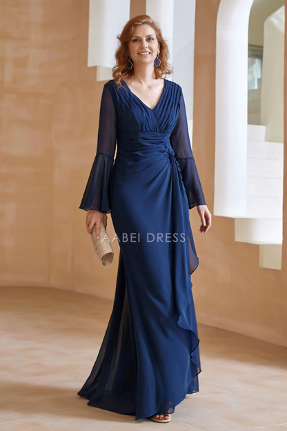 AABEI DRESS Wedding Guests Dresses Mom's Formal Dress Exquisite Sheath V Neck Pleated Long Flare Sleeves Chiffon Dress Fashion Mother of the Bride Dress