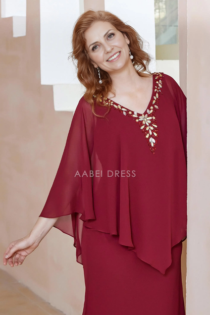 AABEI DRESS Wedding Guests Dresses Mom's Formal Dress Fashion Sheath Beaded V-neck Flutter Sleeves V Back Tea-Length Exquisite Mother of the Bride Dress
