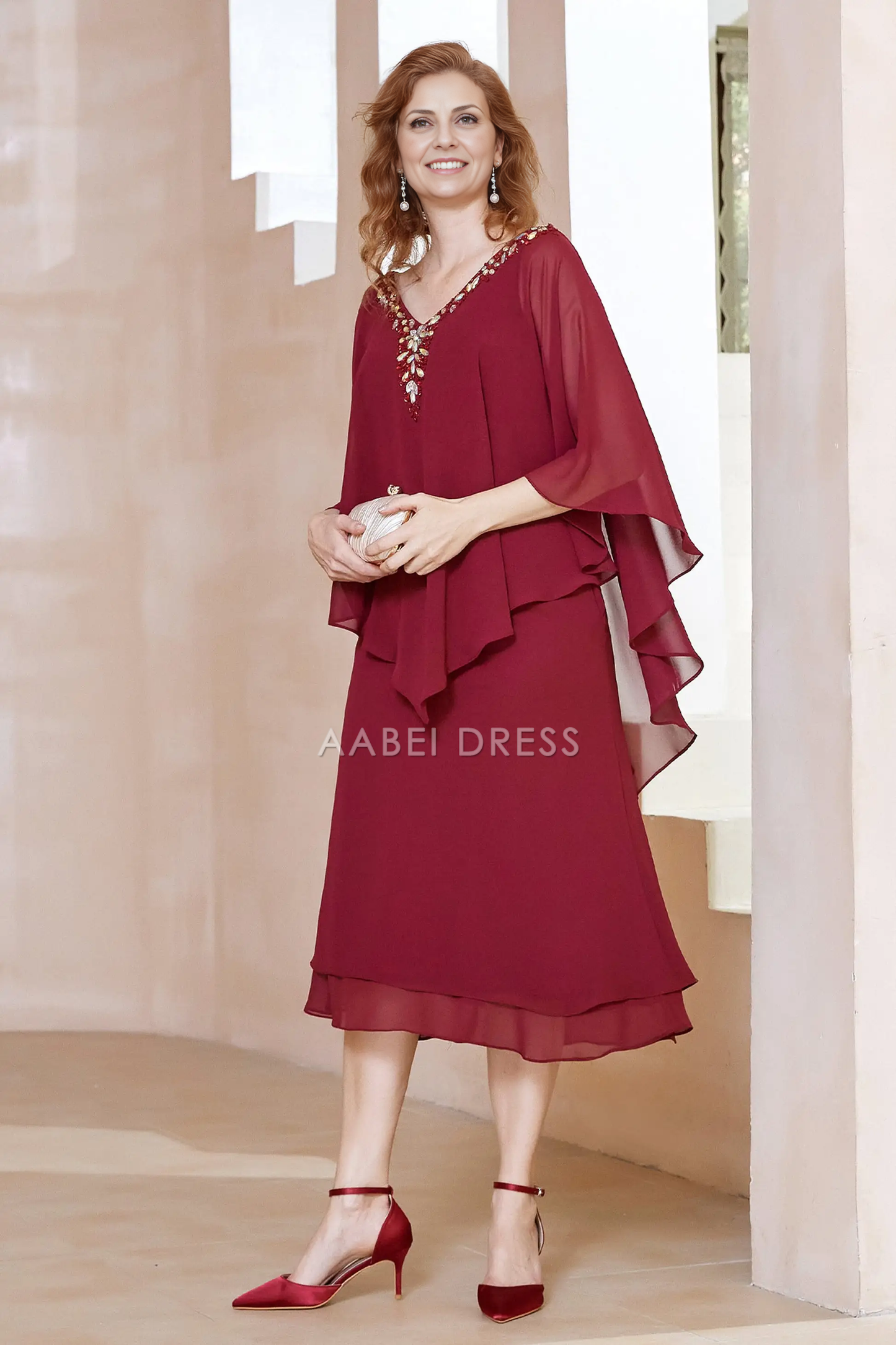 AABEI DRESS Wedding Guests Dresses Mom's Formal Dress Fashion Sheath Beaded V-neck Flutter Sleeves V Back Tea-Length Exquisite Mother of the Bride Dress
