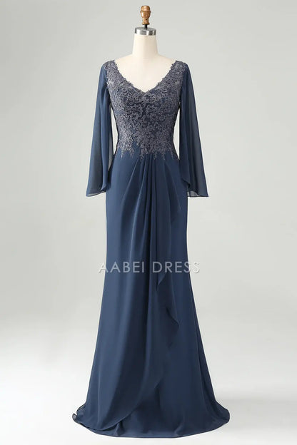 AABEI DRESS Wedding Guests Dresses Mom's Formal Dress Glitter Mermaid V Neck Flutter Long Sleeves Beaded with Lace Appliques Ruched Elegant Retro Mother of the Bride Dress