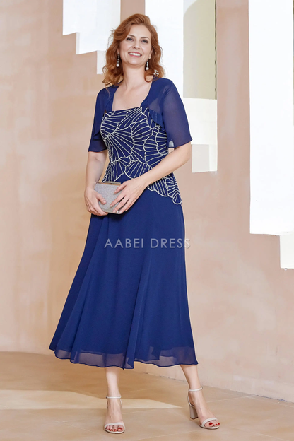 AABEI DRESS Wedding Guests Dresses Mom's Formal Dress Gorgeous A-Line Square Neck Short Sleeves Beaded Chiffon Ruched Dress Elegant Mother of the Bride Dress