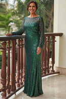 AABEI DRESS Wedding Guests Dresses Mom's Formal Dress Green Sequins Mermaid Round Neck Long Sleeves Sparkle Long Fashion Mother of the Bride Dress