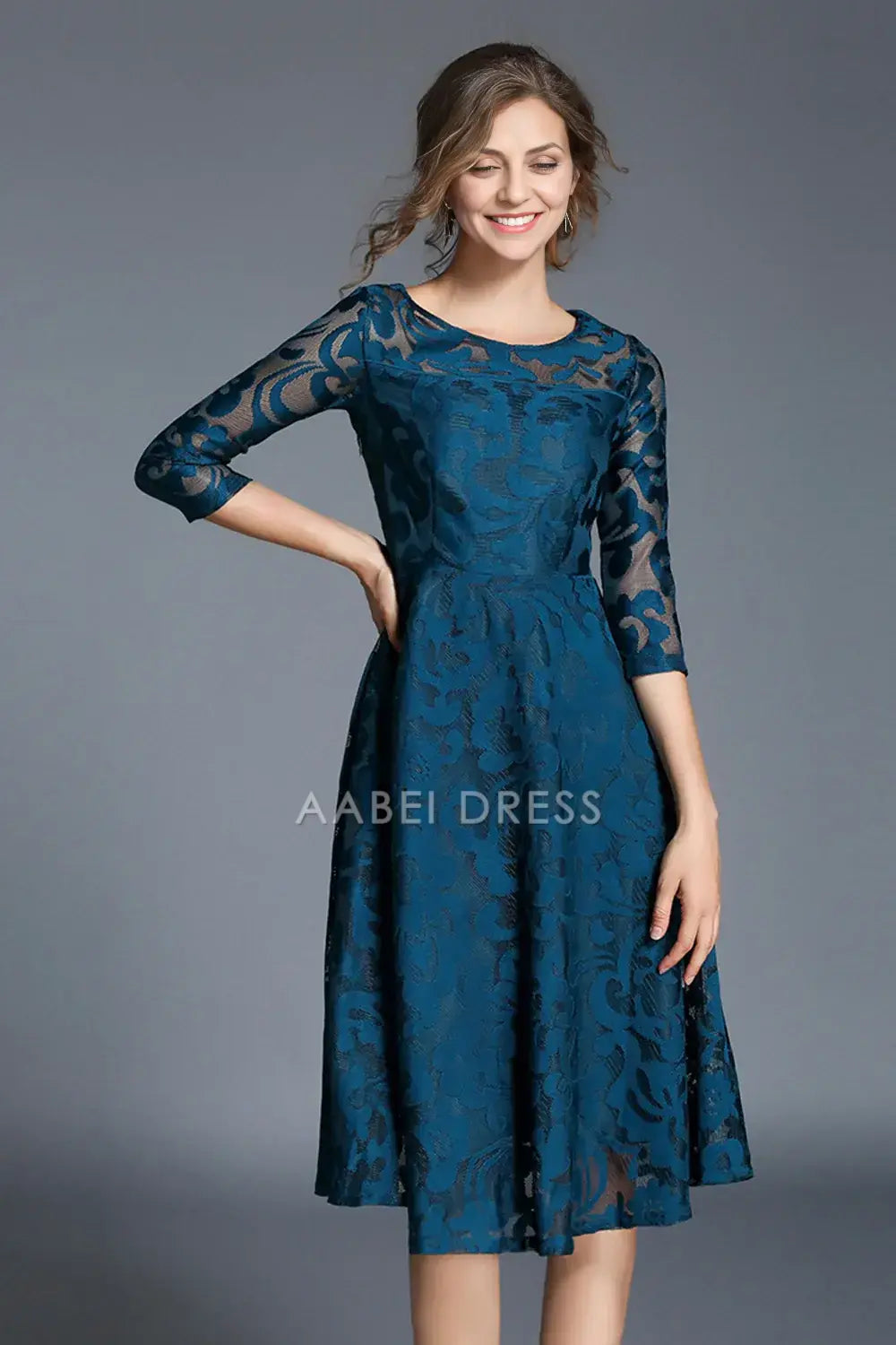 AABEI DRESS Wedding Guests Dresses Mom's Formal Dress Lace A-Line Round Neck 3/4 Sleeves Elegant Mother of the Bride Dress