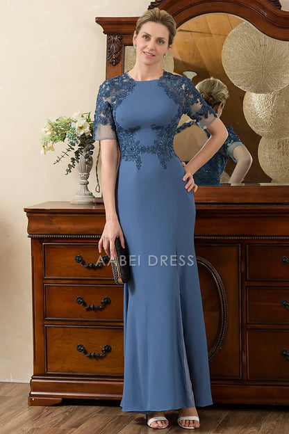 AABEI DRESS Wedding Guests Dresses Mom's Formal Dress Mermaid Short Sleeve Lace Applique Open Back with Slit Exquisite Mother of the Bride Dress