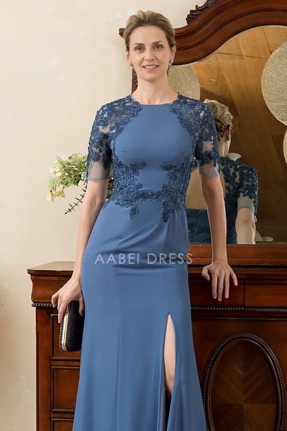 AABEI DRESS Wedding Guests Dresses Mom's Formal Dress Mermaid Short Sleeve Lace Applique Open Back with Slit Exquisite Mother of the Bride Dress